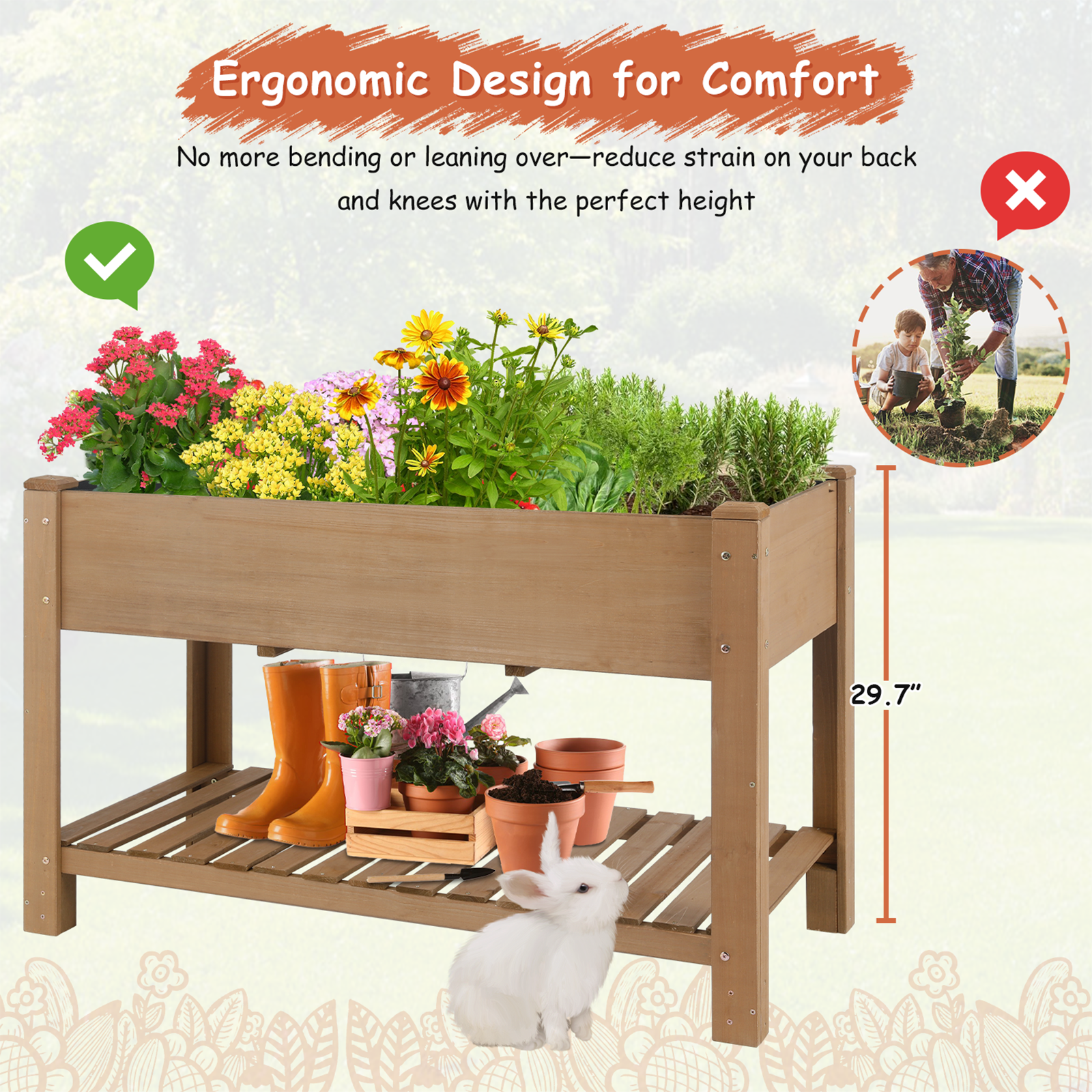 Elevated Wooden Planter Box with Lower Shelf – 46.65 in - Image 2