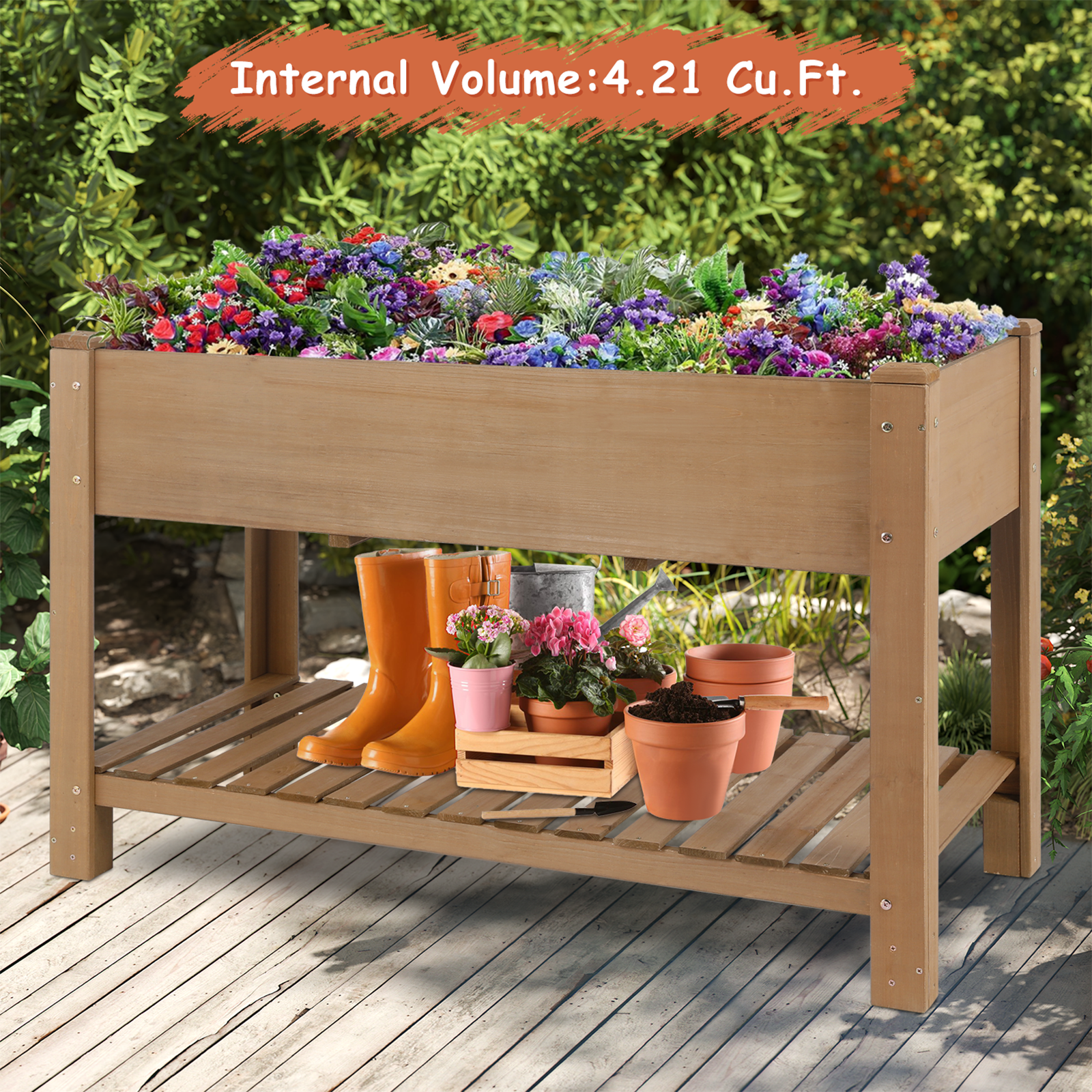 Elevated Wooden Planter Box with Lower Shelf – 46.65 in - Image 3