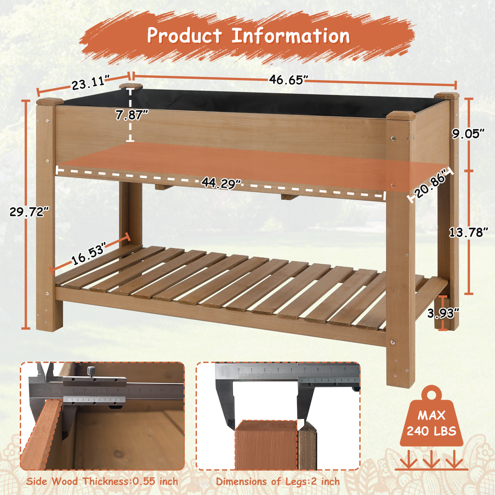 Elevated Wooden Planter Box with Lower Shelf – 46.65 in - Image 6