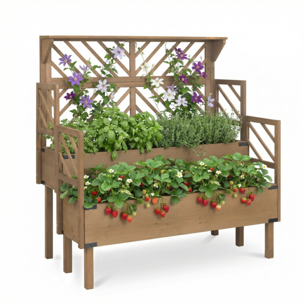 Two-Tier Wooden Raised Planter with Climbing Trellis